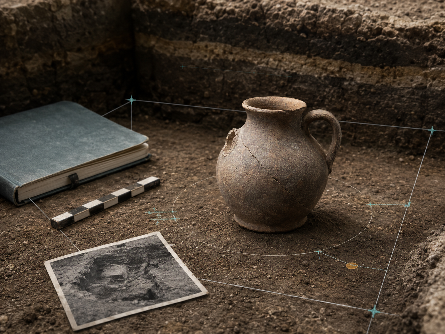 Illustrative archaeological vessel emerging within a documented excavation grid.